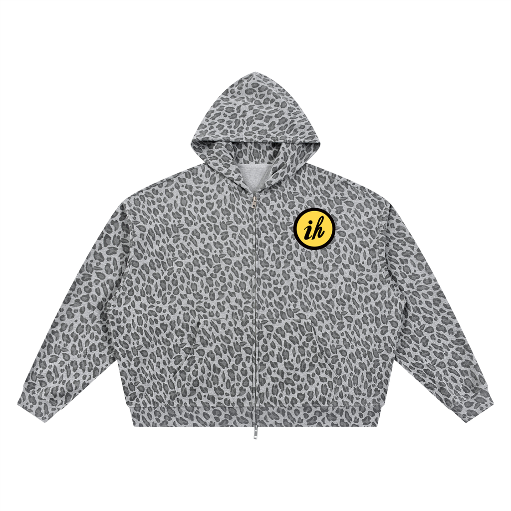 Unisex Leopard Print Waffle Full Zip Hoodie